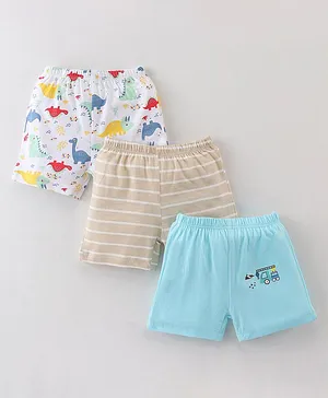 OHMS Cotton Single Jersey Knit Knee Length Shorts Stripes & Dino Print Pack Of 3 - Multicolor