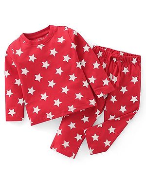 Babyhug Cotton Knit Full Sleeves Night Suit with Star Print - Red