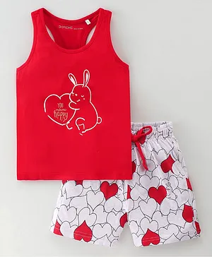 Doreme Single Jersey Sleeveless T-Shirt & Shorts Set Heart Printed - Red & Grey