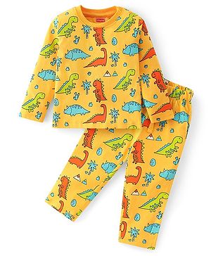 Babyhug Cotton Knit Full Sleeves Night Suit With Dino Print - Yellow