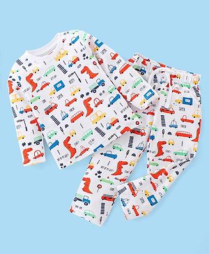 Babyhug Cotton Single Jersey Knit Full Sleeves Night Suit Car Print - White