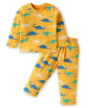 Babyhug Cotton Single Jersey Knit Full Sleeves Night Suit Dino Print - Yellow