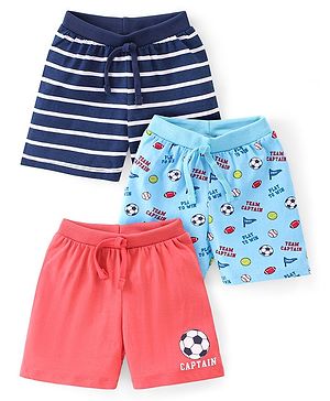 Babyhug Cotton Single Jersey Knit Shorts Stripes & Football Print Pack Of 3 - Blue & Red