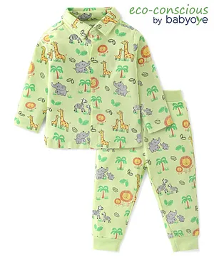 Babyoye 100% Cotton With Eco Jiva Finish Full Sleeves Night Suit With Animals Print - Green