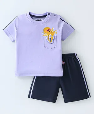 Mini Taurus Cotton Half Sleeves T-Shirt & Shorts Set with Octopus Printed - Purple & Blue