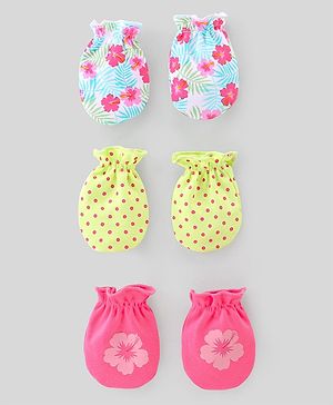 Babyhug 100% Cotton Knit Mittens Pack of 3 Floral Print - Multicolor