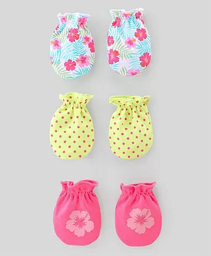 Babyhug 100% Cotton Knit Mittens Pack of 3 Floral Print - Multicolor