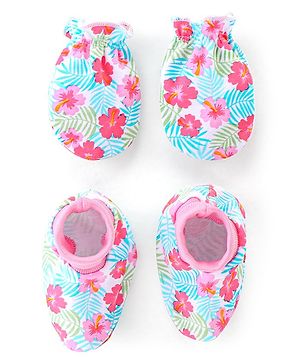 Babyhug 100% Cotton Mittens And Booties Floral Print- Multicolor