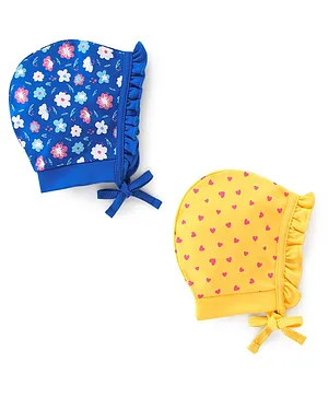 Babyhug 100% Cotton Cap Floral Print Pack of 2 - Blue & Yellow
