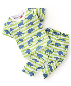 Babyhug Cotton Single Jersey Knit Half Sleeves Night Suit Stripes & Dino Print - Green & White