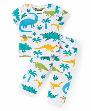 Babyhug Single Jersey Knit Half Sleeves Night Suit with Dino Print - White