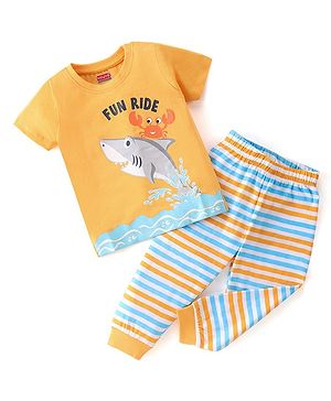 Babyhug Cotton Single Jersey Knit Half Sleeves Night Suit with Shark Print - Multicolor