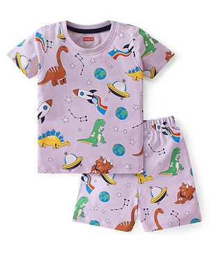 Babyhug Single Jersey Knit Half Sleeves Dino & Space Print Night Suit - Lavender