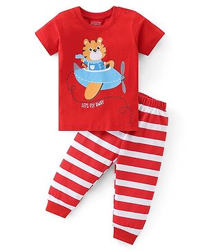 Babyhug Cotton Knit Half Sleeves Night Suit With Kitty Print - Red