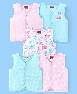 Babyhug 100% Cotton Front Open Sleeveless Jhablas Elephant & Polka Dots Print Pack of 5 - Multicolour