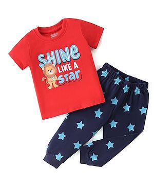 Babyhug Single Jersey Cotton Knit Half Sleeves Night Suit Lion Print - Red  & Navy Blue