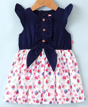 Twetoons Cap Sleeves Frock with Knot & Frill Detailing Floral Print -  Navy Blue