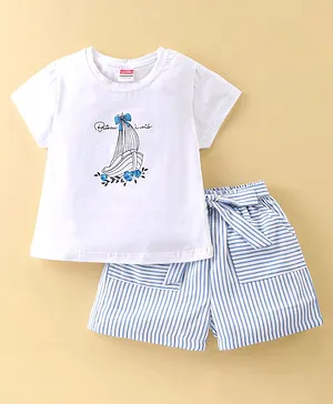 Twetoons Cotton Knit Half Sleeves Top & Short with Boat Print - White & Blue