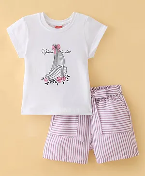 Twetoons Cotton Half Sleeves Top & Shorts With Striped & Boat Print - White & Pink