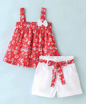 Twetoons Cotton Sleeveless Top & Shorts With Floral Print & Bow Applique - White & Red