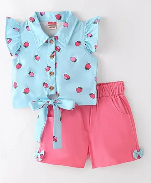 Twetoons Cotton Knit Half Sleeves Top & Shorts with Strawberry Print - Blue & Pink