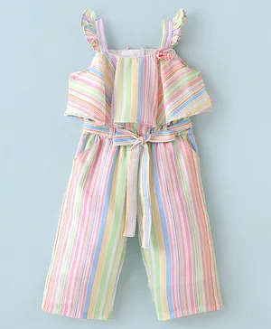 Twetoons Sleeveless Ankle Length Striped  Jumpsuit with Frill Detailing &  Applique -  Multicolor