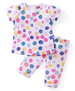 Babyhug Cotton Knit Single Jersey Half Sleeves Night Suit With Polka Dots - White