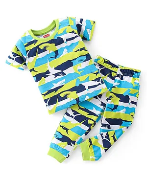 Babyhug Single Jersey Knit Half Sleeves Night Suit Shark Print - Multicolour