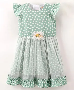 Enfance Cap Sleeves Polka Dots Printed Flower Applique Detailed Dress  - Pista Green