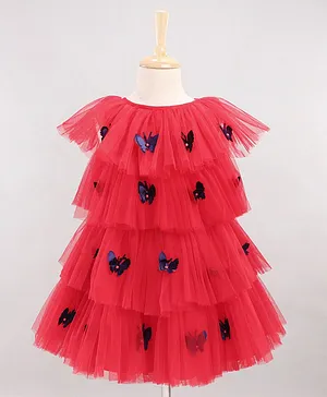 Enfance Cap Sleeves Butterfly Applique Detailed  Layered Dress - Red