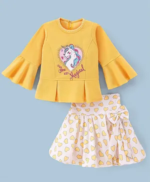 Enfance Full Sleeves Unicorn Printed Top With Bow Applique Hearts Printed Skirt  - Lemon