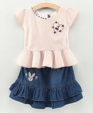 Enfance Cap Sleeves Striped & Floral Heart Embroidered Peplum Top With Bunny Patched Frill Detailed Skirt - Dark Blue