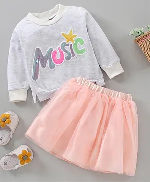 Enfance Full Sleeves Music Text Sequin Embellished  Top With Skirt  - Light Grey