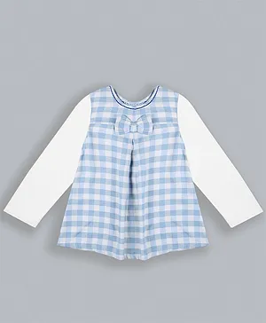 ShopperTree Full Sleeves Bow Detailed Gingham Checked A Line Dress - Light Blue