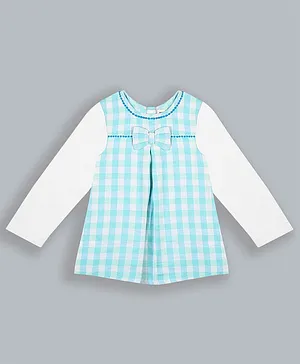 ShopperTree Full Sleeves Bow Detailed Gingham Checked A Line Dress - Sea Green