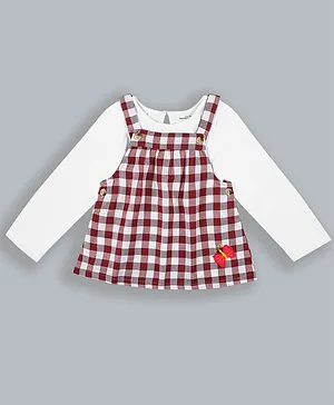 ShopperTree Full Sleeves Top With Butterfly Embroidered & Gingham Checked Dungaree Style Dress - Maroon