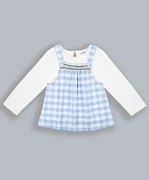 ShopperTree Full Sleeves Top With Embroidered & Gingham Checked Dungaree Style Dress - Sky Blue