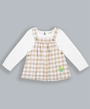 ShopperTree Full Sleeves Top With Floral Embroidered & Gingham Checked Dungaree Style Dress - Light Brown