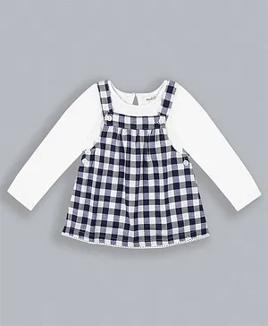 ShopperTree Full Sleeves Top With Gingham Checked Dungaree Style Dress - Navy Blue
