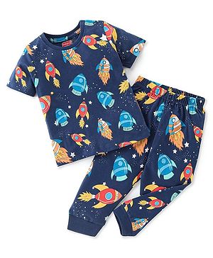 Babyhug Cotton Knit Half Sleeves Night Suit With Rocket Print - Navy Blue