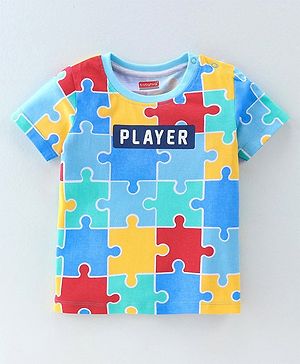 Babyhug 100% Cotton Knit Half Sleeves T-Shirt With Jigsaw Puzzle Print -Multicolour