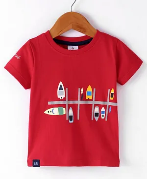 Ollypop Sinker Cotton Knit Half Sleeves T-Shirt Boat Print - Red