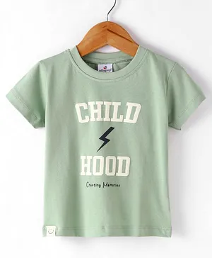 OLLYPOP Sinker Cotton Knit Half Sleeves T-Shirt with Text Print - Green