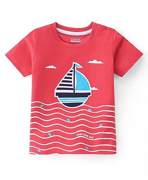 Babyhug 100% Cotton Knit Half Sleeves T-Shirt With Boat Applique- Red