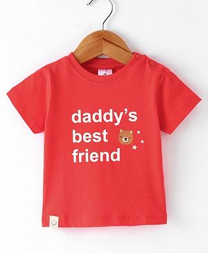 OLLYPOP Sinker Cotton Knit Half Sleeves T-Shirt with Text & Bear Print -Red