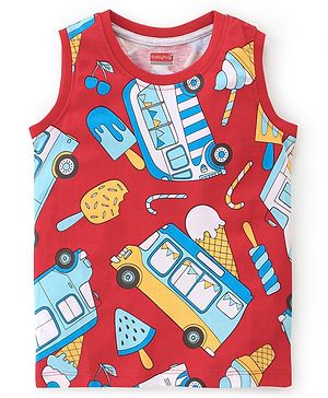 Babyhug 100% Cotton Knit Sleeveless T-Shirt With Ice Cream Print- Red