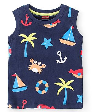 Babyhug 100% Cotton Knit  Sleeveless T-Shirt Boat Print - Blue