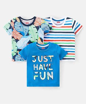 Babyhug 100% Cotton Knit Half Sleeves T-Shirt With Stripe & Text Graphics Pack Of 3 - Multicolour