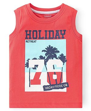 Babyhug Cotton Knit Sleeveless T-Shirt Beach Graphics Print - Red