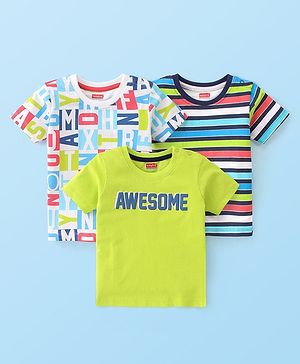 Babyhug Cotton Knit Half Sleeves T-Shirt Stripes & Text Print Pack of 3 - Multicolor